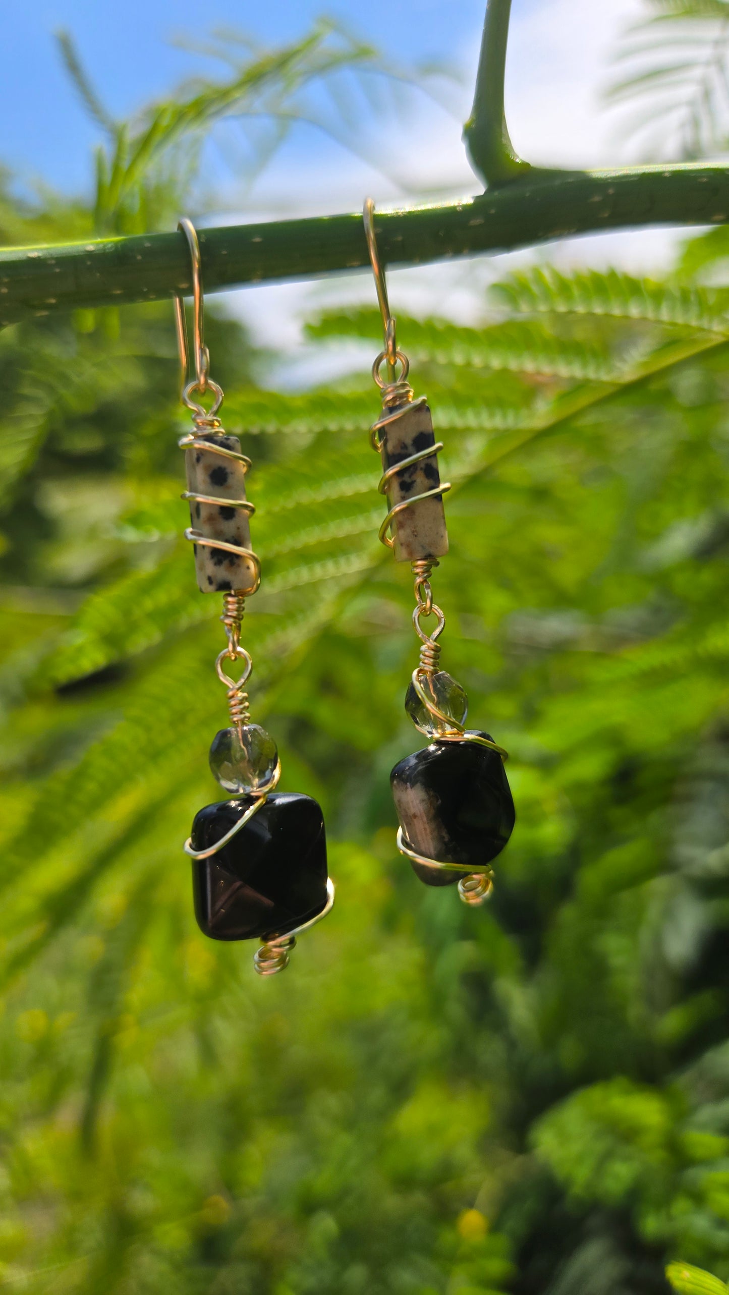 Dalmatian jasper and onyx dangles
