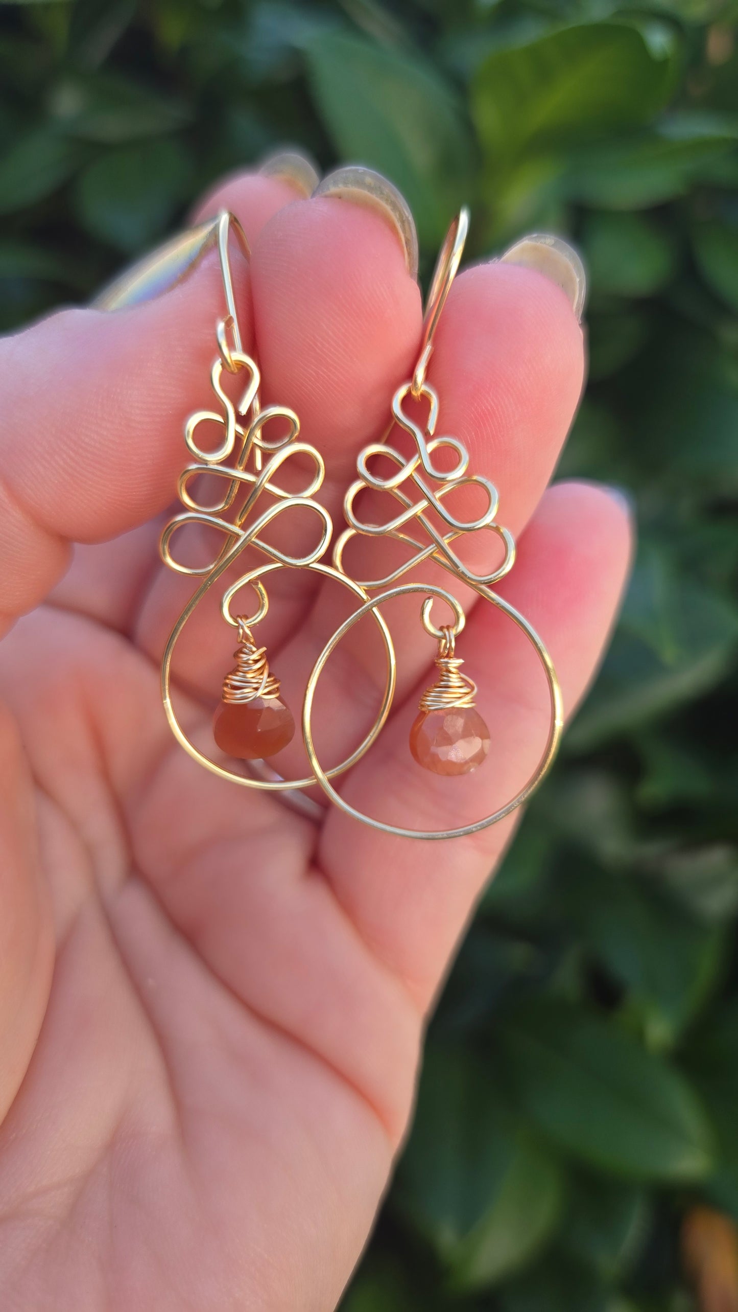 Peach Moonstone Earrings, Wire Wrapped Dangle, Bohemian Teardrop Jewelry, Handmade Boho Gift for Her, Artisan Gemstone Drops