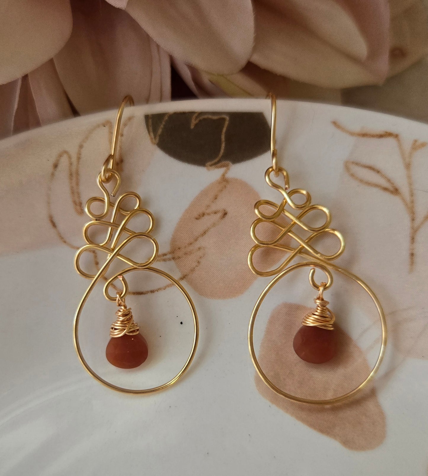 Peach Moonstone Earrings, Wire Wrapped Dangle, Bohemian Teardrop Jewelry, Handmade Boho Gift for Her, Artisan Gemstone Drops