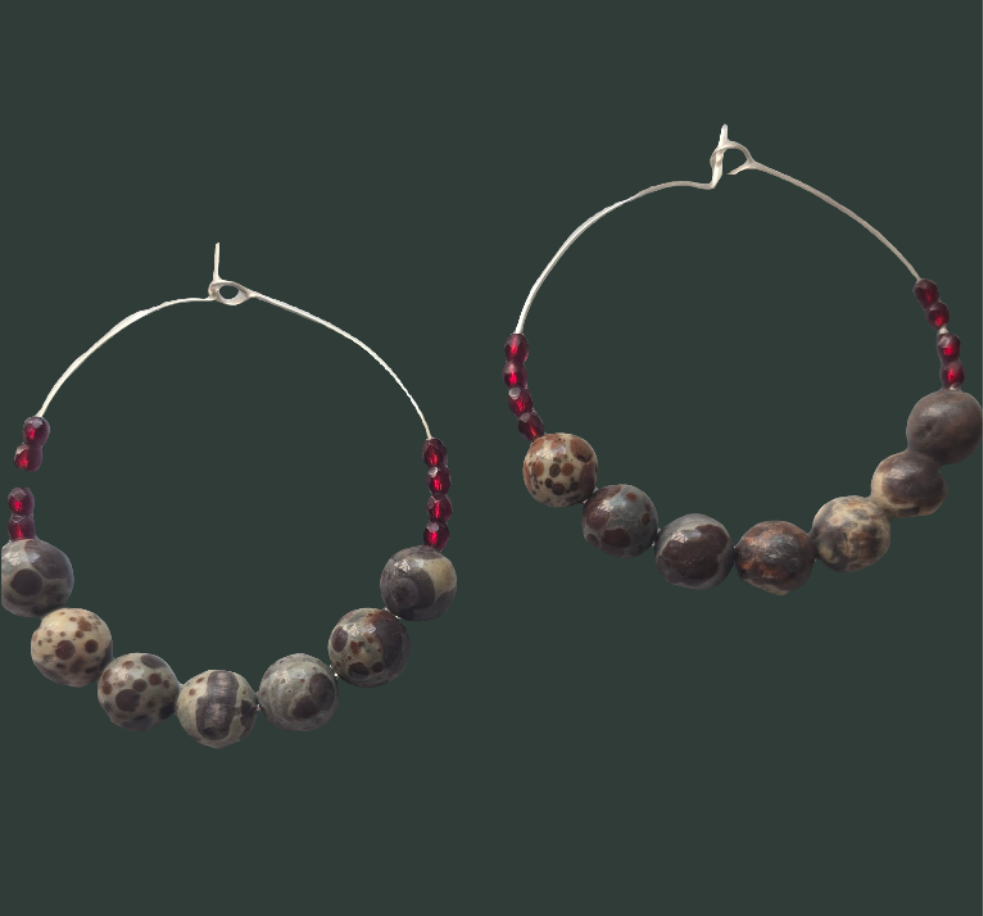 Meteorite and red czech glass beaded hoops
