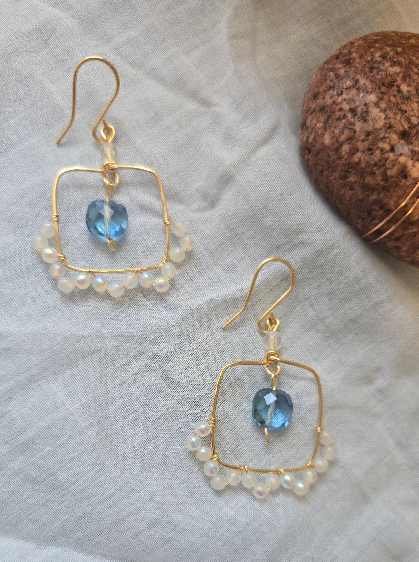 Pearl and topaz square dangle
