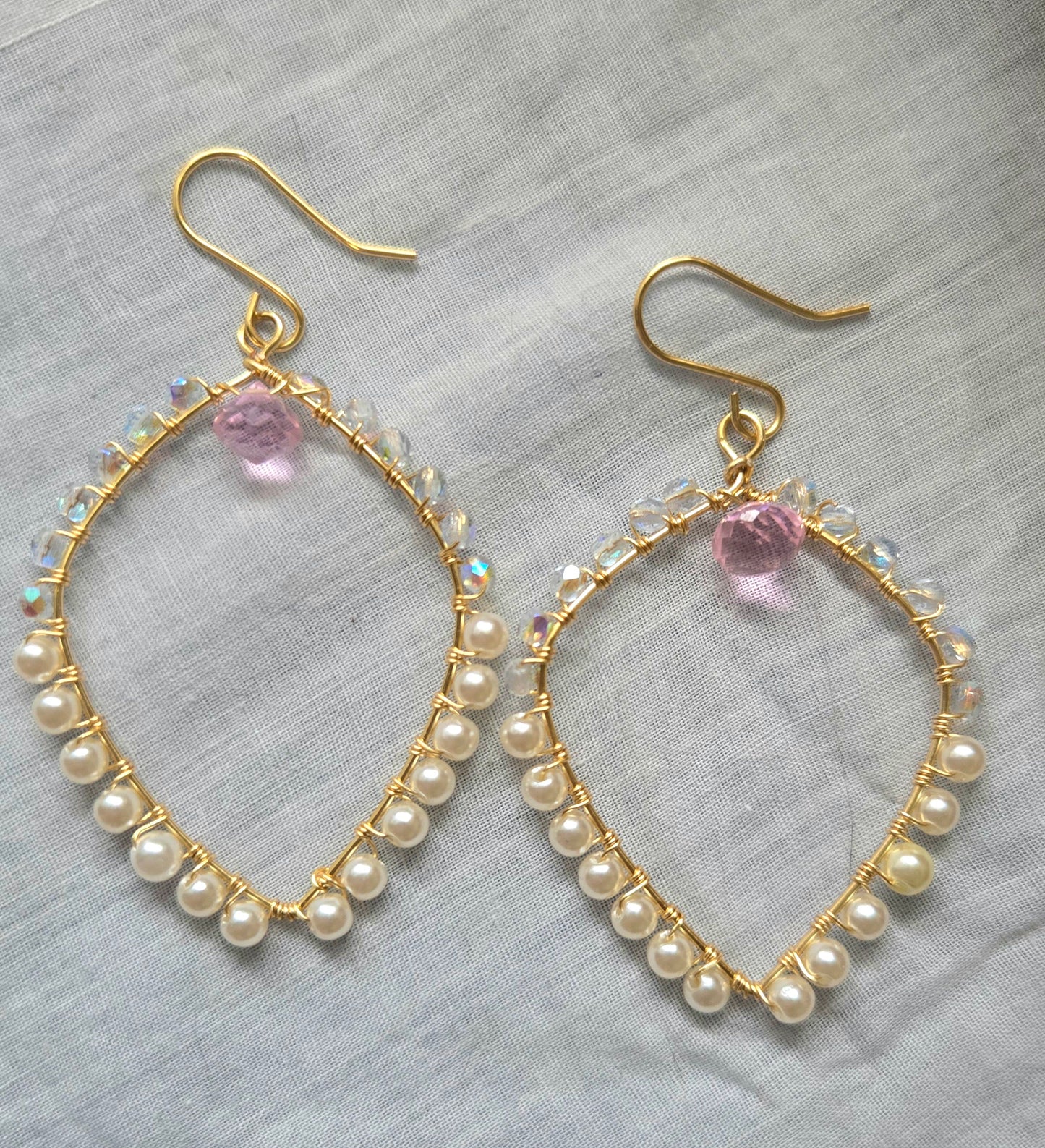 Pearl and rose quartz teardrop earrings