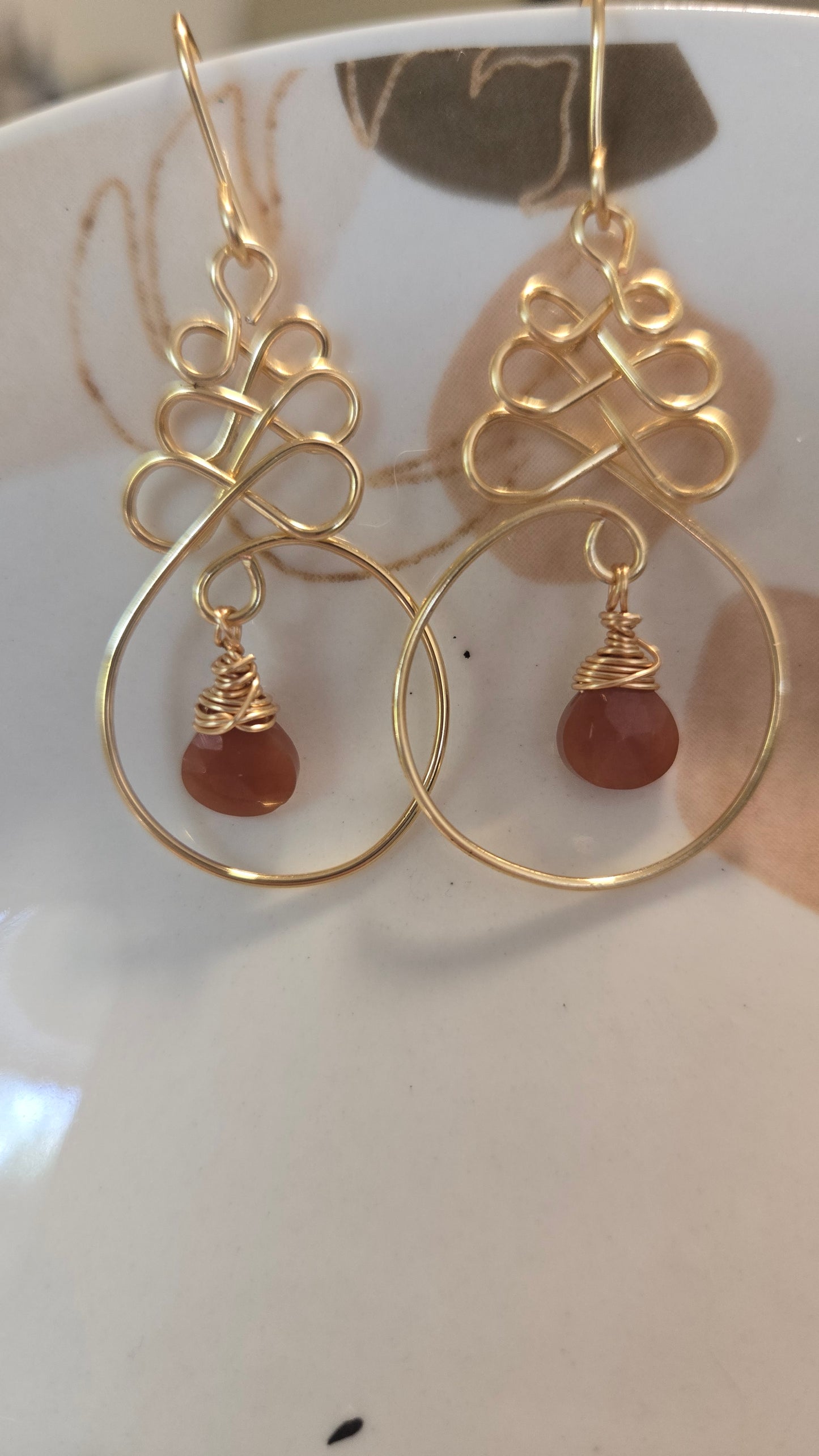 Peach Moonstone Earrings, Wire Wrapped Dangle, Bohemian Teardrop Jewelry, Handmade Boho Gift for Her, Artisan Gemstone Drops