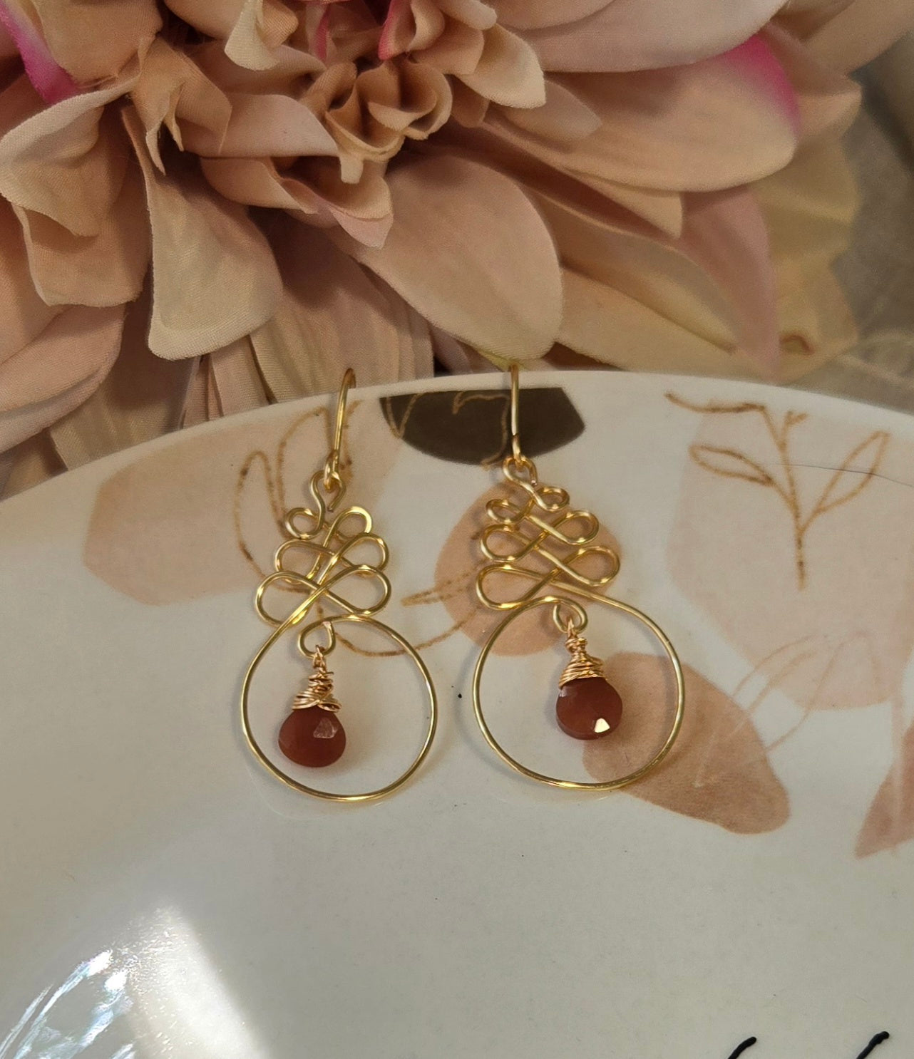 Peach Moonstone Earrings, Wire Wrapped Dangle, Bohemian Teardrop Jewelry, Handmade Boho Gift for Her, Artisan Gemstone Drops