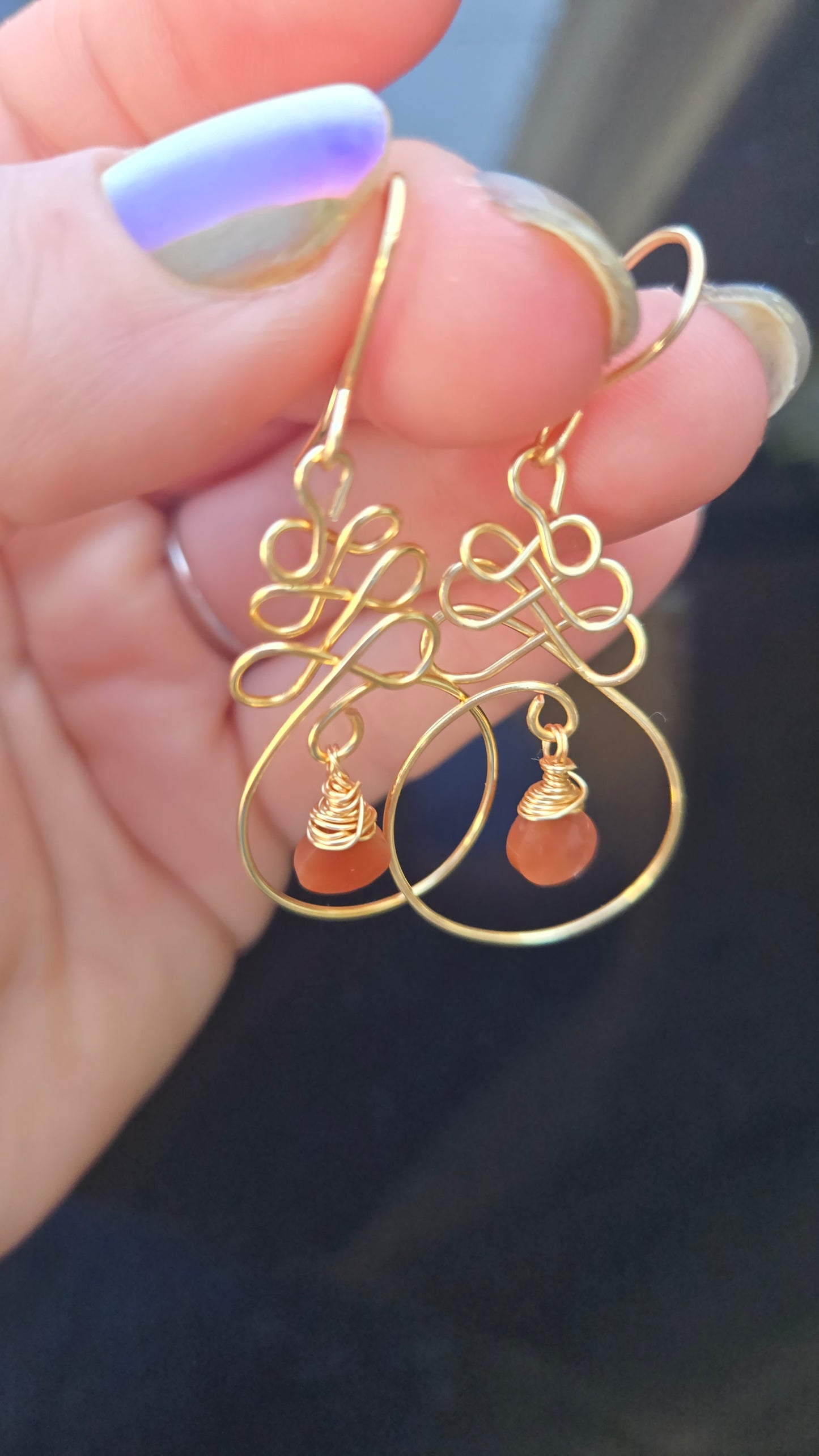 Peach Moonstone Earrings, Wire Wrapped Dangle, Bohemian Teardrop Jewelry, Handmade Boho Gift for Her, Artisan Gemstone Drops