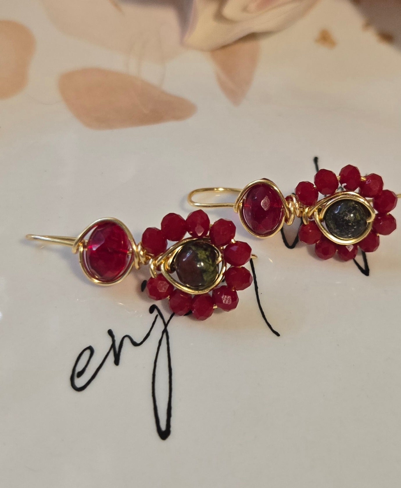 Bloodstone and red crystal earrings