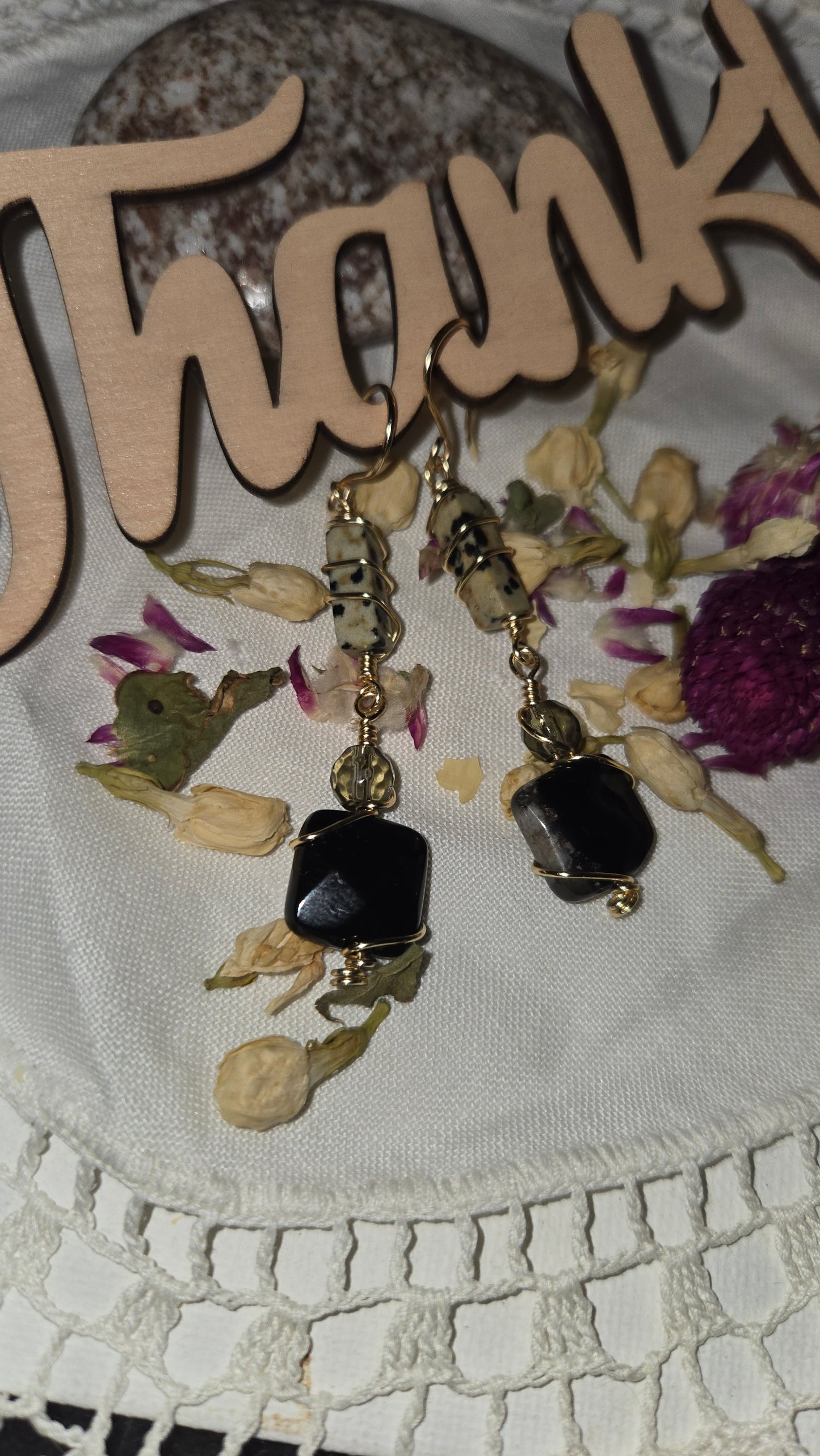 Dalmatian jasper and onyx dangles
