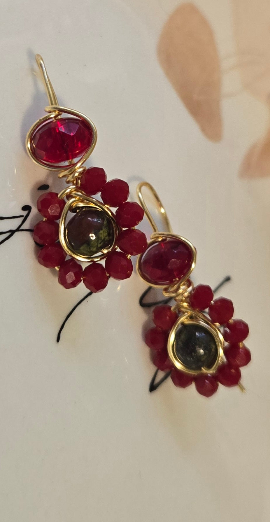 Bloodstone and red crystal earrings
