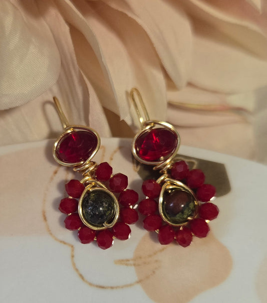 Bloodstone and red crystal earrings