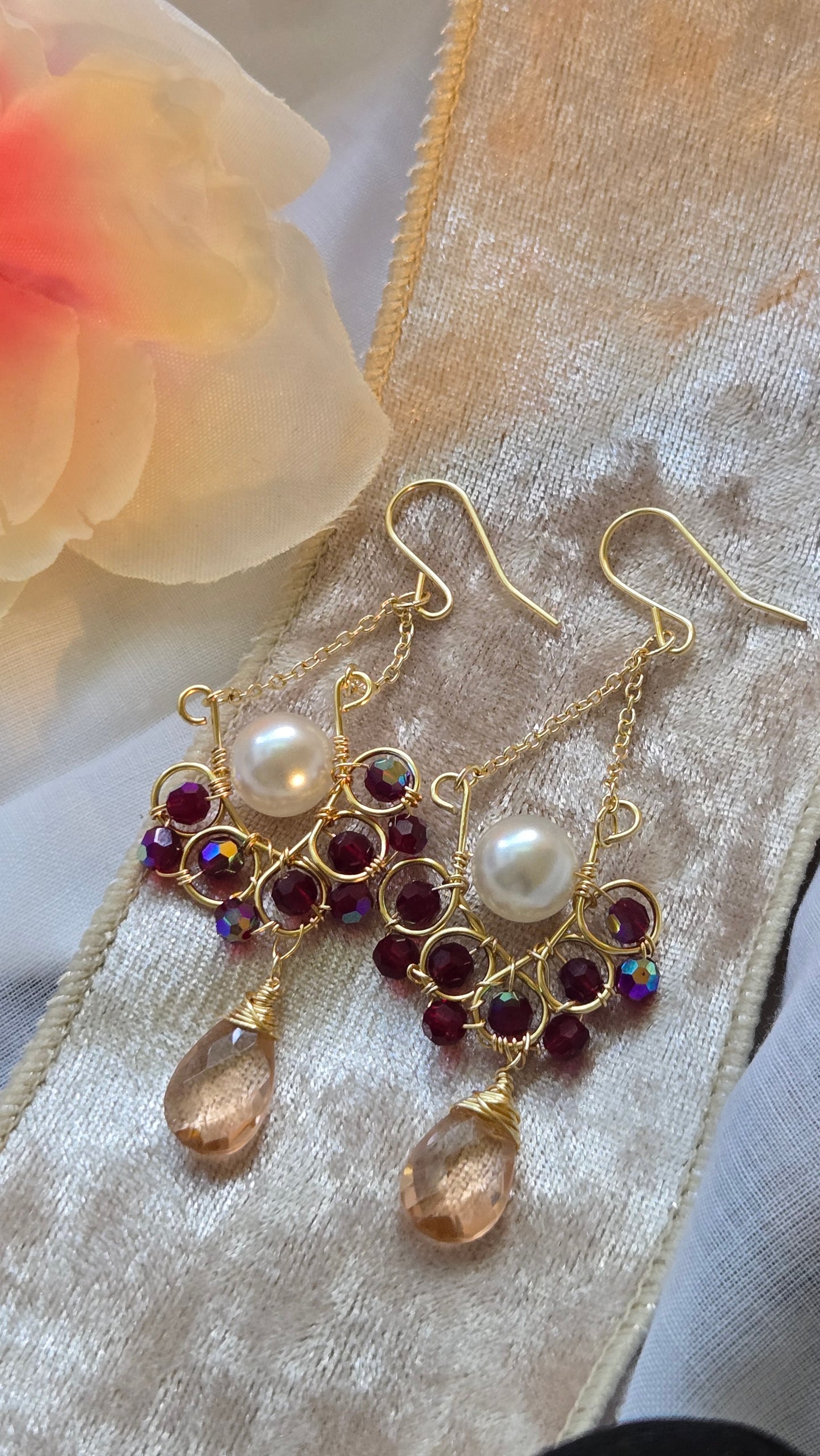 Pearl and morganite dangle earrings