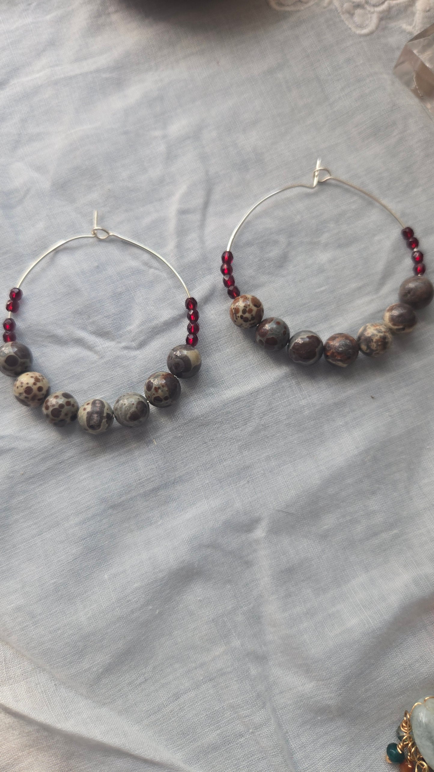 Meteorite and red czech glass beaded hoops