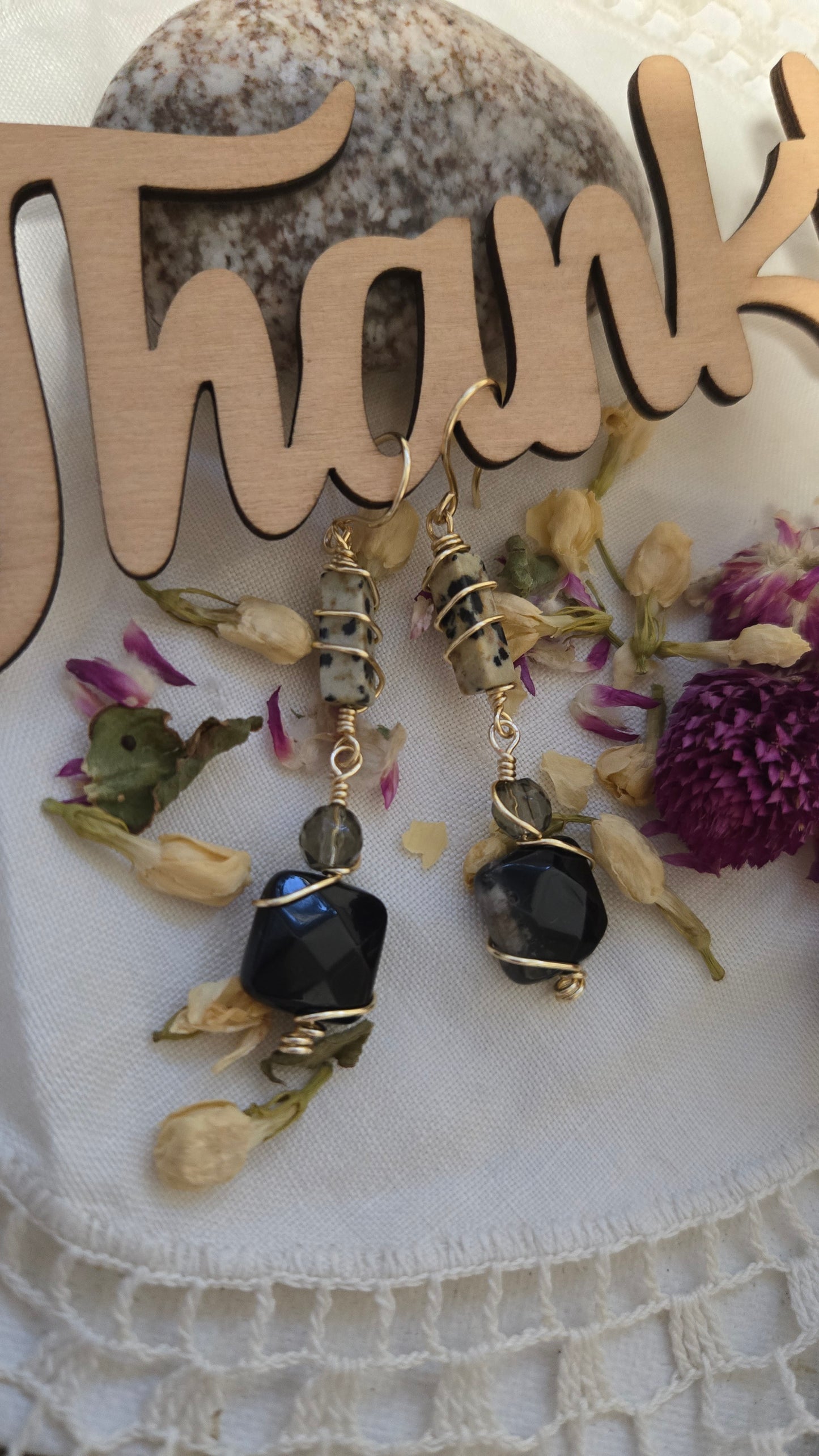 Dalmatian jasper and onyx dangles