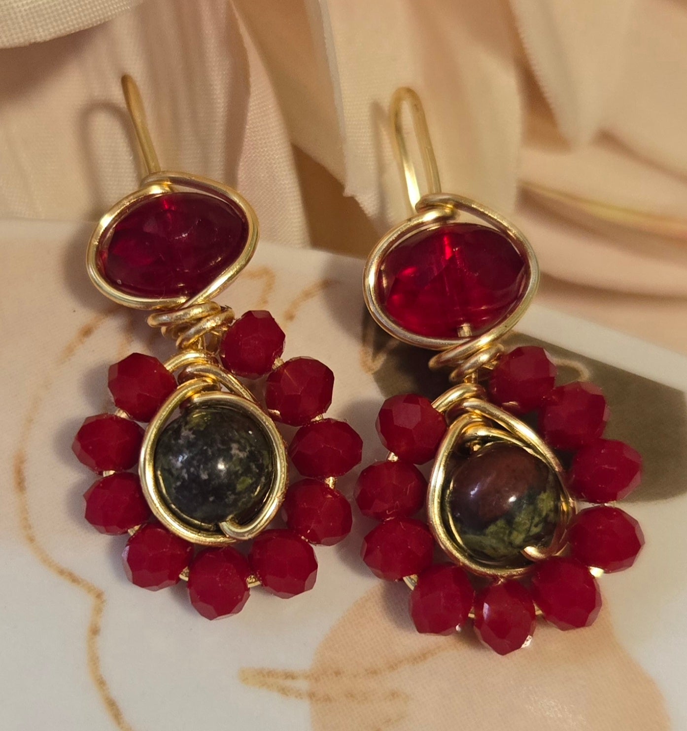 Bloodstone and red crystal earrings