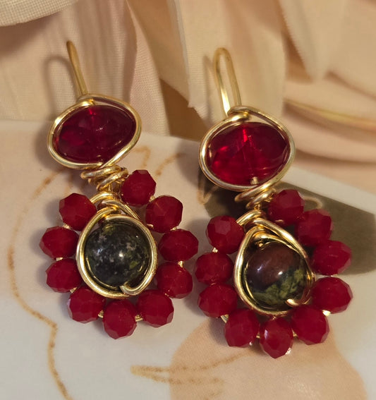 Bloodstone and red crystal earrings