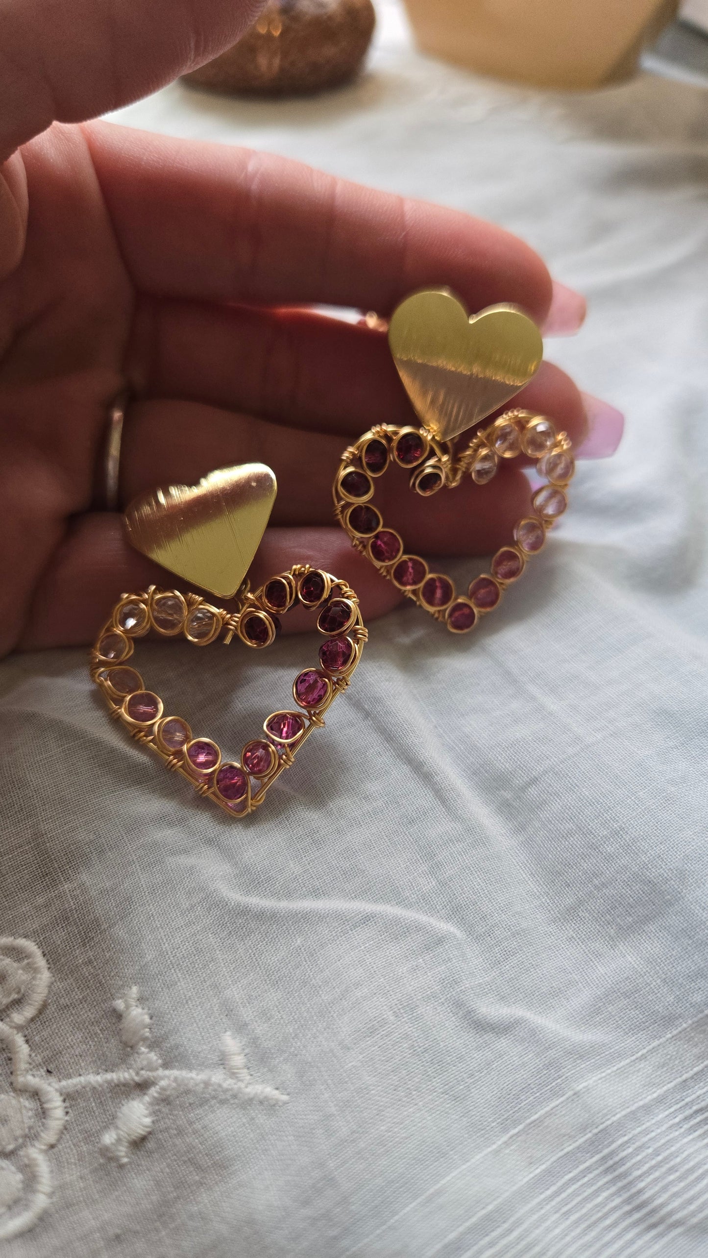 Pink beaded heart dangles