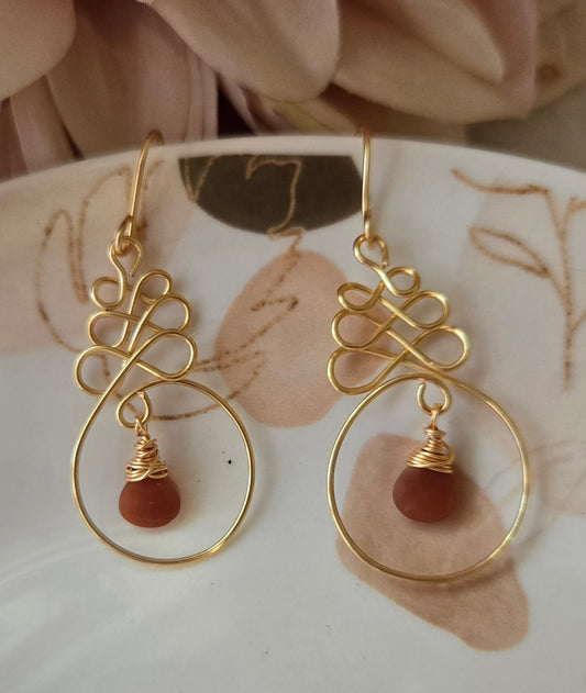 Peach Moonstone Earrings, Wire Wrapped Dangle, Bohemian Teardrop Jewelry, Handmade Boho Gift for Her, Artisan Gemstone Drops
