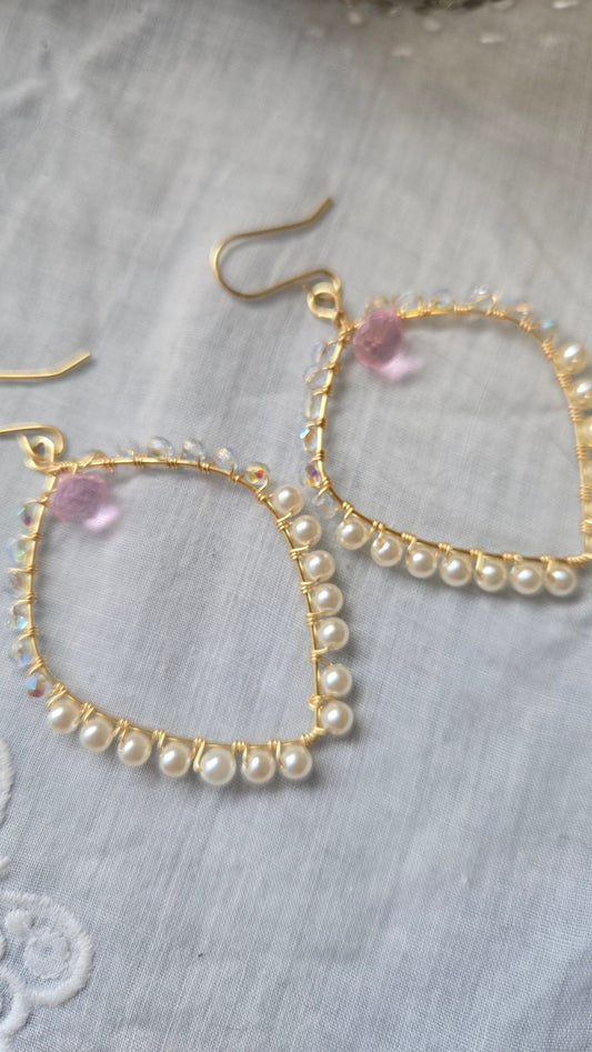 Pearl and rose quartz teardrop earrings
