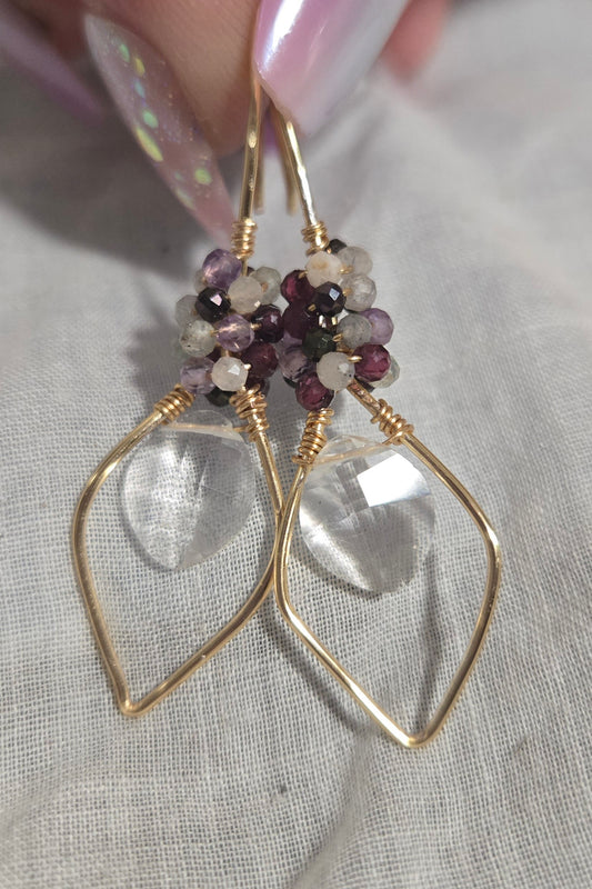 Tourmaline wirewrapped clear quartz earrings