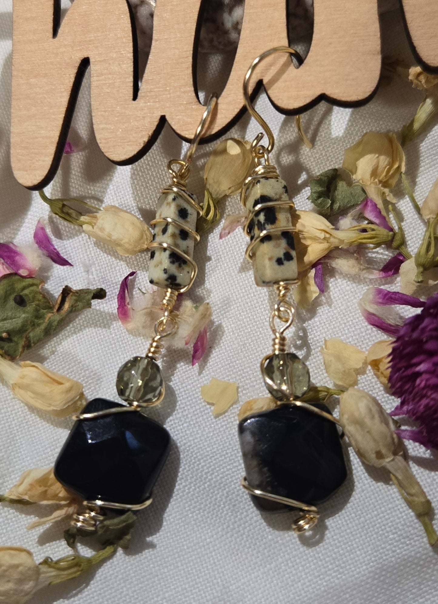 Dalmatian jasper and onyx dangles